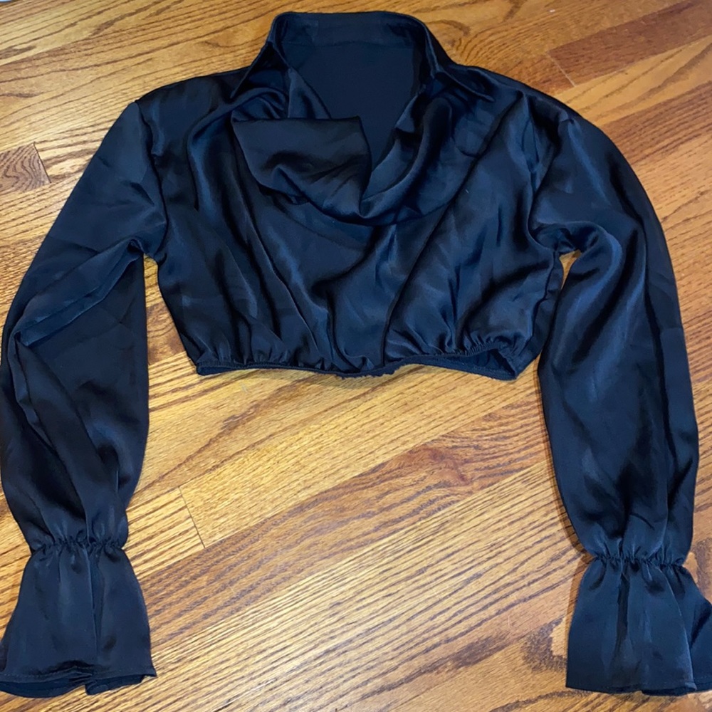 Black silk cowl neck with collar